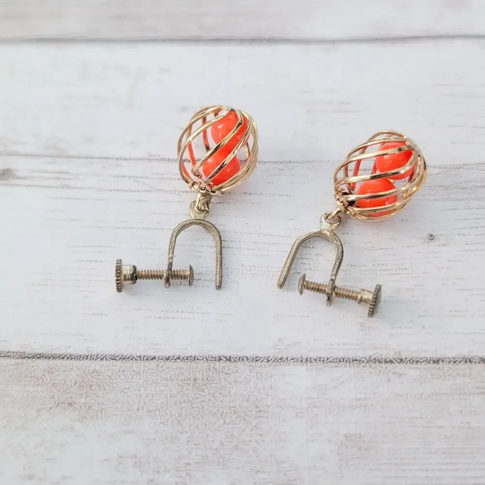 Vintage Screw Back Earrings Gold Tone with Orange - Dangle Earrings